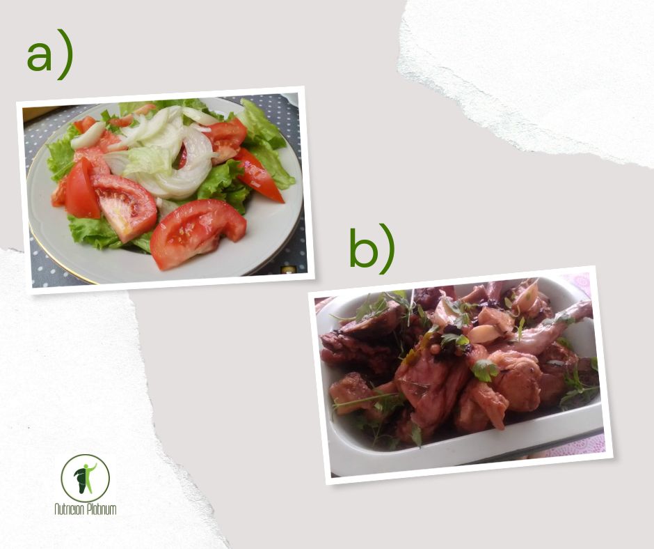 Ensalada de lechuga con cebolla y tomate con conejo al ajillo.